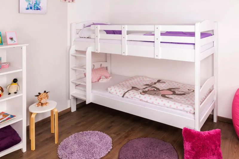 Kinderetagenbett 90 x 200 cm | Massivholz: Buche | Weiß Lackiert | umbaubar in 2 Einzelbetten | Premium-Qualität | inkl. Rollroste Abbildung