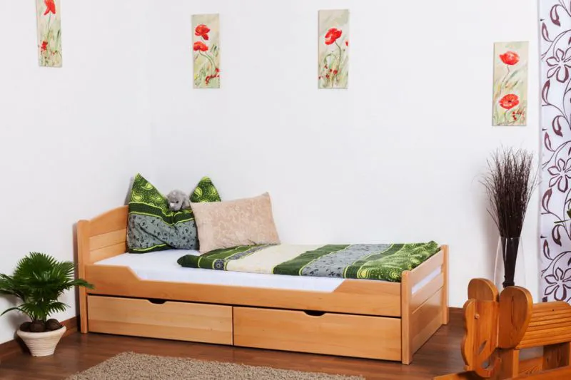 Kinderbett 90 x 200 cm | inkl. Stauraum / 2 Schubladen | Massivholz: Buche | Natur Lackiert | inkl. Lattenrost Abbildung