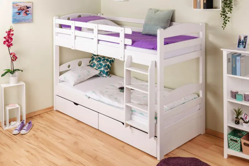 Jugendetagenbett inkl. Stauraum (2 Schubladen) | 90 x 200 cm | Massivholz: Buche | Weiß Lackiert | umbaubar in 2 Einzelbetten | Premium-Qualität | inkl. Rollroste Abbildung