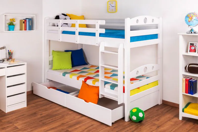 Jugendstockbett inkl. Stauraum (2 Schubladen) | 90 x 200 cm | Massivholz: Buche | Weiß Lackiert | umbaubar in 2 Einzelbetten | Premium-Qualität | inkl. Rollroste Abbildung