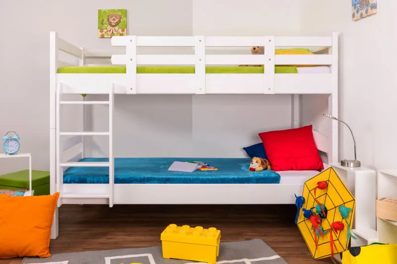 Jugendetagenbett 90 x 200 cm | Massivholz: Buche | Weiß Lackiert | umbaubar in 2 Einzelbetten | Premium-Qualität | inkl. Rollroste Abbildung