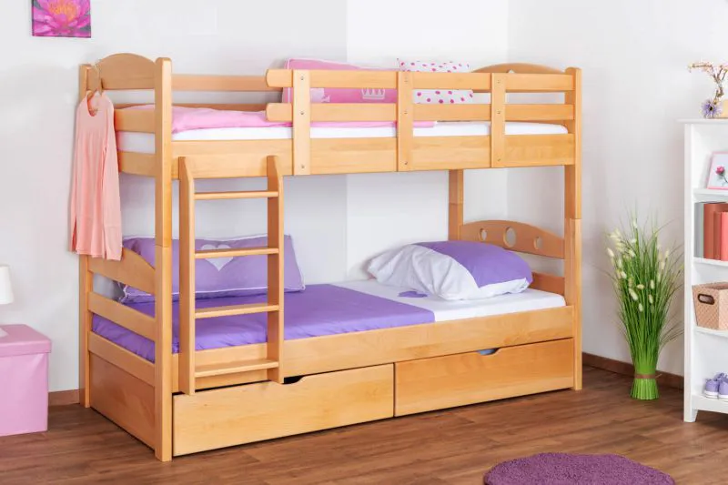 Kinderetagenbett inkl. Stauraum (2 Schubladen) | 90 x 200 cm | Massivholz: Buche | Natur Lackiert | umbaubar in 2 Einzelbetten | Premium-Qualität | inkl. Rollroste Abbildung