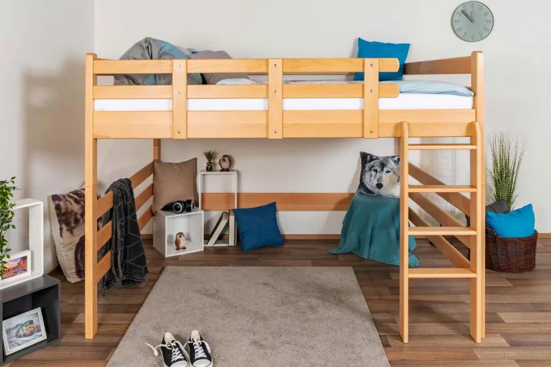 Breites Kinderhochbett 160 x 200 cm | Massivholz: Buche | Natur Lackiert | umbaubar in Einzelbett | Premium-Qualität | inkl. Rollrost Abbildung