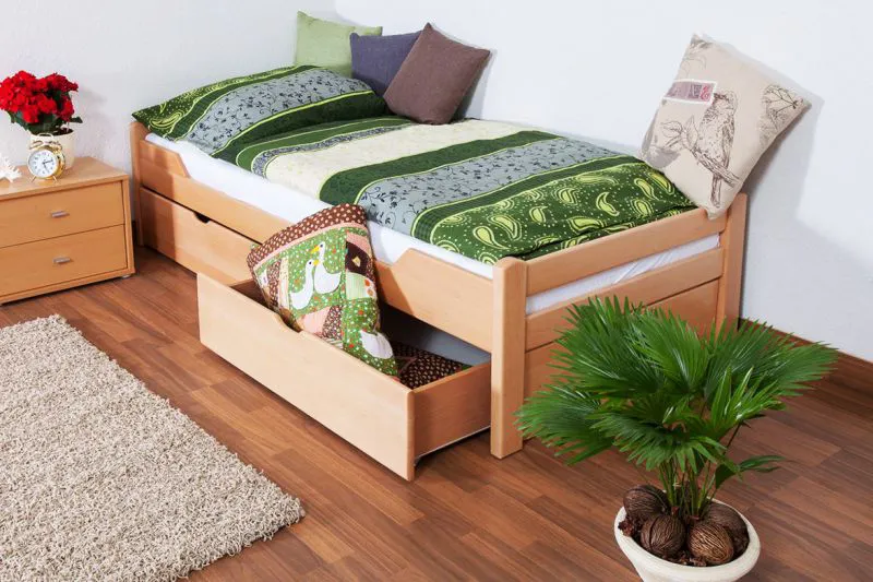 Kinderzimmer-Bett 90 x 200 cm | inkl. Stauraum / 2 Schubladen | Massivholz: Buche | Natur Lackiert | inkl. Lattenrost Abbildung