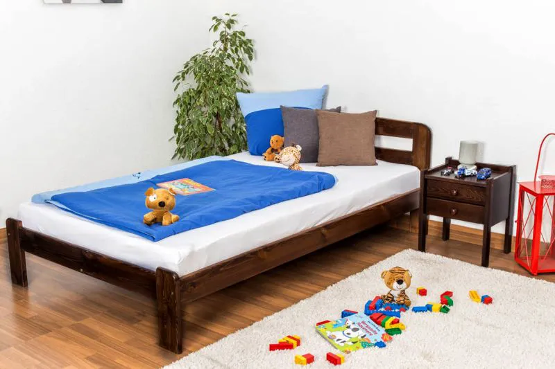 Bettrahmen für Kinder / Kinderbett 120 x 200 cm | Massivholz: Kiefer | Nuss Lackiert | inkl. Rollrost Abbildung