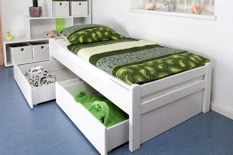 Bettrahmen für Kinder / Kinderbett 90 x 200 cm | Massivholz: Buche | Weiß Lackiert | inkl. 2 Schubladen und Lattenrost | besonders hohe Qualität Abbildung