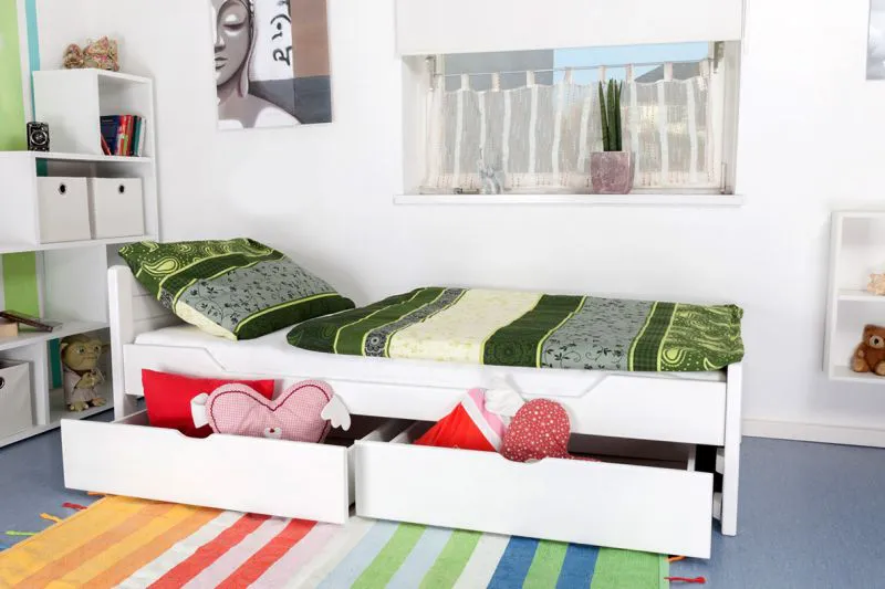Bettrahmen für Kinder / Kinderbett 90 x 200 cm | Massivholz: Buche | Weiß Lackiert | inkl. 2 Schubladen und Lattenrost | besonders hohe Qualität Abbildung