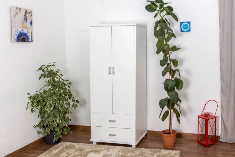 Schmaler Kleiderschrank | 2 Drehtüren | 2 Schubladen | 1 Fach | mit Kleiderstange | 80 cm breit | Massivholz | Farbe: Weiß Abbildung
