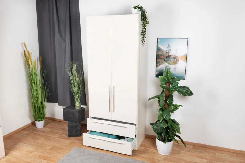 Kleiderschrank | 2 Drehtüren | 2 Schublade | 2 Fächer | mit Kleiderstange | 92 cm breit | Farbe: Beige Abbildung