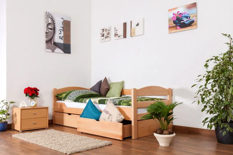 Bettrahmen für Kinder / Kinderbett 90 x 200 cm | Massivholz: Buche | Natur Lackiert | inkl. 2 Schubladen und Lattenrost | besonders hohe Qualität Abbildung