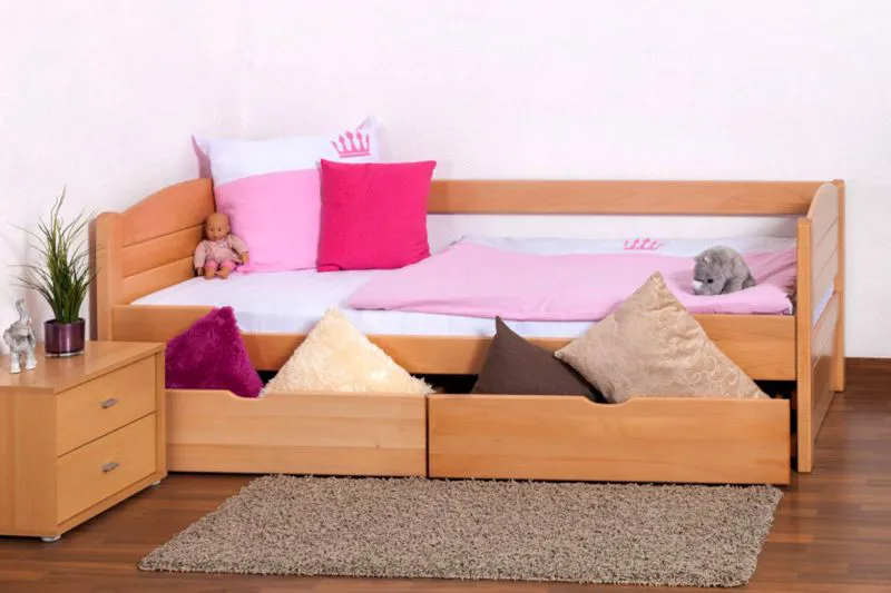 Bettrahmen für Kinder / Kinderbett 90 x 200 cm | Massivholz: Buche | Natur Lackiert | inkl. 2 Schubladen und Lattenrost | besonders hohe Qualität Abbildung