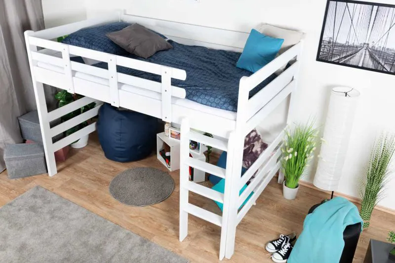 Jugendhochbett 120 x 190 cm | Massivholz: Buche | Weiß Lackiert | umbaubar in Einzelbett | Premium-Qualität | inkl. Rollrost Abbildung