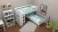 Doppelstockbett L-Form  90 x 200 cm (teilbar) | Buche Massivholz | weiß lackiert | mit Regal | inkl. Rollrost | umbaubar in Einzelbetten Abbildung