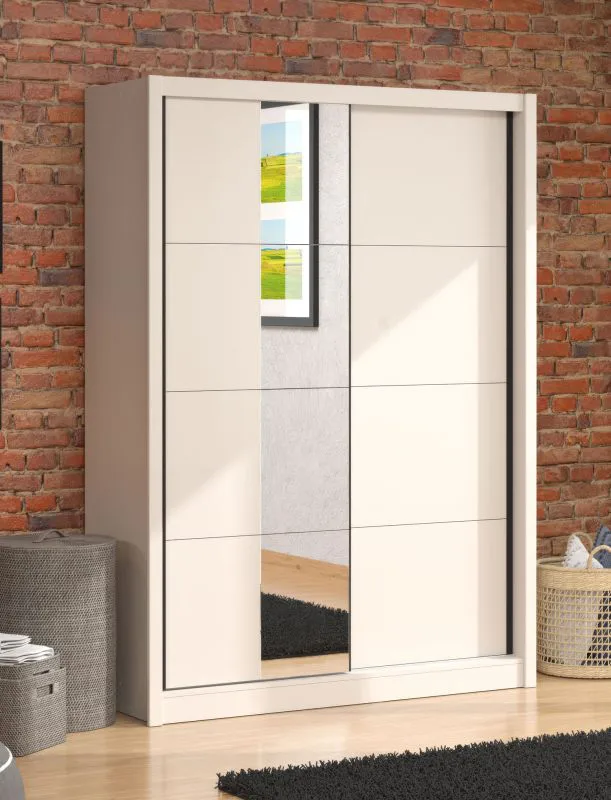Schiebetürenschrank / Kleiderschrank | 5 Fächer | Farbe: Kaschmir | 2 Kleiderstangen | 1 Spiegeltür | Maße: 155 x 60 x 215,5 cm | für Schlafzimmer