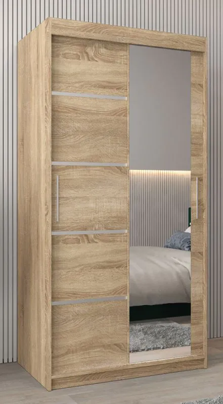 Schiebetürenschrank / Kleiderschrank Jan 01B mit Spiegel, Farbe: Eiche Sonoma - Abmessungen: 200 x 100 x 62 cm ( H x B x T)