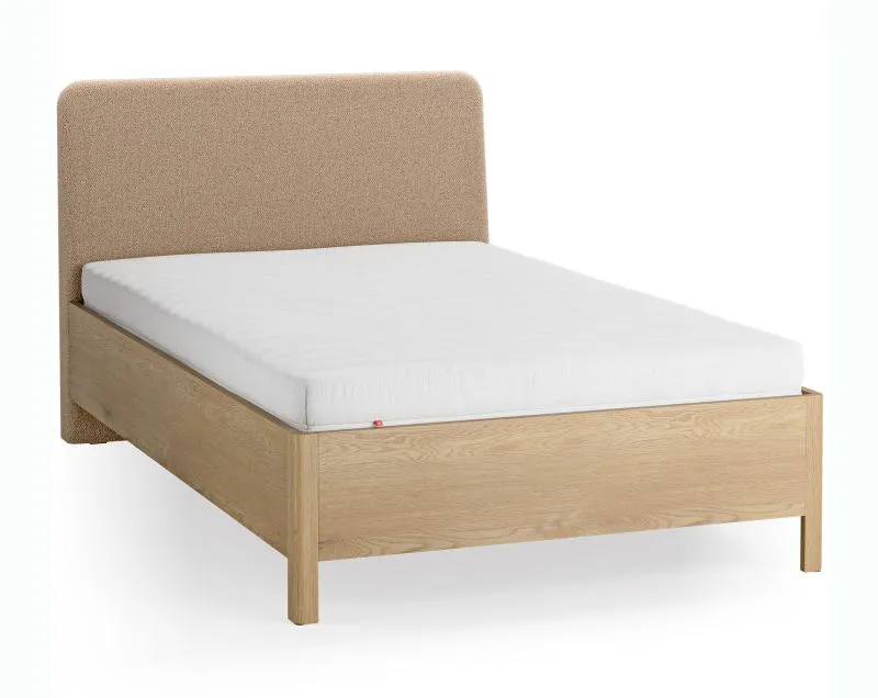 Einzelbett | Eiche massiv | Farbe: Eiche / Taupe | weich gepolsterte Kopfstütze | 90 x 200 cm | dezent abgerundete Form | Gästebett | inkl. Lattenrost