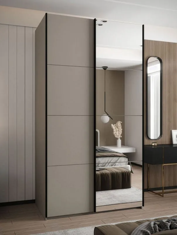 Kleiderschrank / Schiebetürenschrank | 245,5 x 130 x 64 cm | 2 Kleiderstangen | Soft-Close | Farbe: Kaschmir | 2 Schiebetüren | Spiegel | 6 Fächer