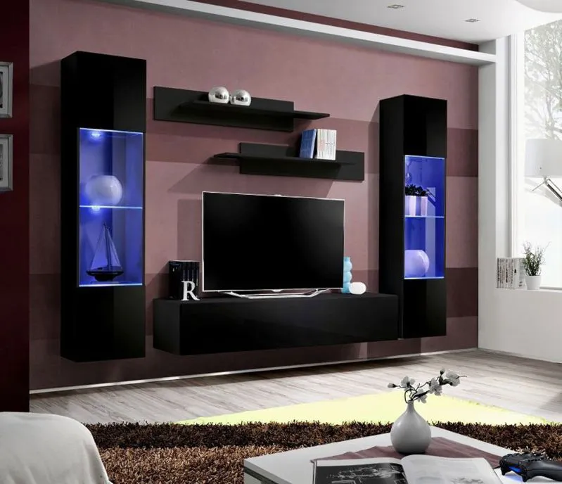 Dunkle Wohnwand Hompland 12, Farbe: Schwarz - Abmessungen: 170 x 260 x 40 cm (H x B x T), mit Push-to-open Funktion