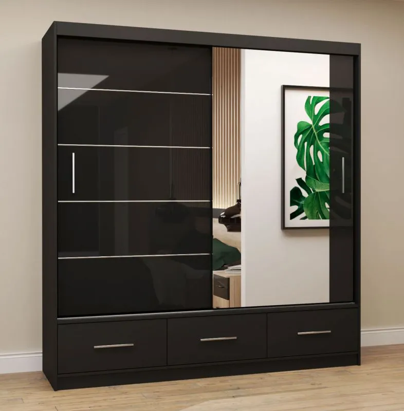 Kleiderschrank / Schiebetürenschrank 2,0 Meter breit | Lusatian 17 | Schwarz | mit Spiegel | 12 Fächer | 3 Schubladen | 2 Türen | 218 x 203 x 61 cm