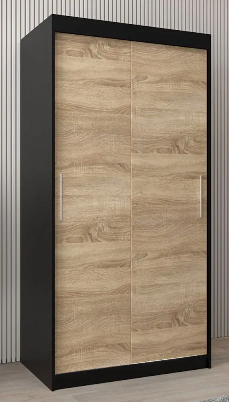 Schiebetürenschrank / Kleiderschrank Bisaurin 1A, Farbe: Schwarz / Eiche Sonoma - Abmessungen: 200 x 100 x 62 cm ( H x B x T)