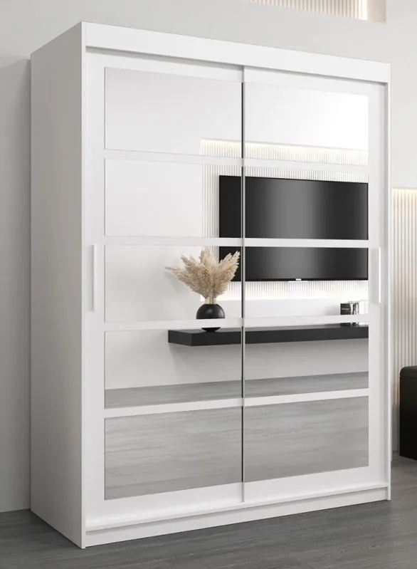 Schiebetürenschrank / Kleiderschrank Aizkorri 03B mit Spiegel, Farbe: Weiß matt - Abmessungen: 200 x 150 x 62 cm (H x B x T)
