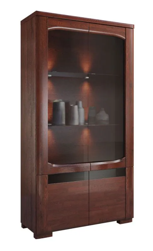 Große Vitrine Krasno 01, Eiche Massivholz, Push-to-open Funktion, inkl. LED-Beleuchtung, Maße: 193 x 101 x 45 cm, mit natürlichem Eichenfurnier
