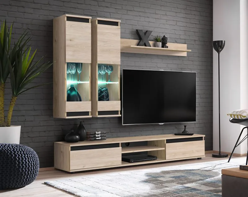 Wohnwand | Farbe: Eiche Hickory Jackson / Schwarz | inkl. LED-Beleuchtung | Maße: 175 x 37 x 150 cm | 1 TV-Unterschrank | 2 Vitrinen | 1 Wandregal