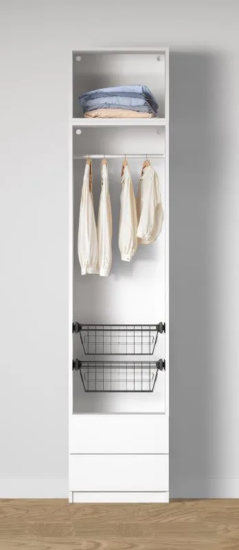 Offener Kleiderschrank | 2 Wäschekörbe | Farbe: Weiß | 1 Kleiderstange | 2 Schubladen | für Ankleidezimmer | 1 Fach | Maße: 51,5 x 55 x 234 cm