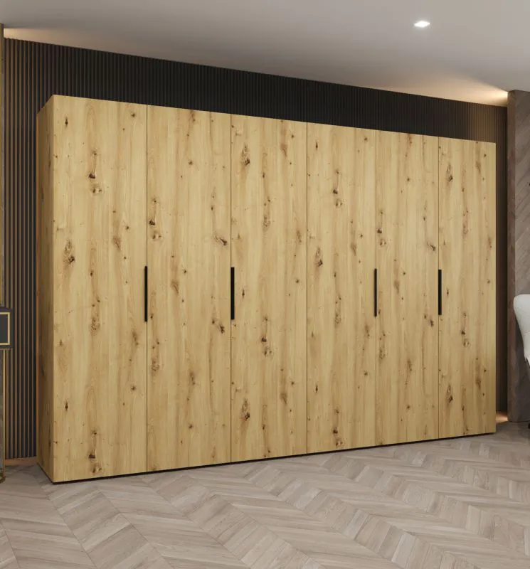 Drehtürenschrank mit sechs Türen Korab 45, Farbe: Eiche Artisan, drei Kleiderstangen, 3 Meter breit, Griffe: Schwarz, Soft-Close-Funktion, drei Fächer