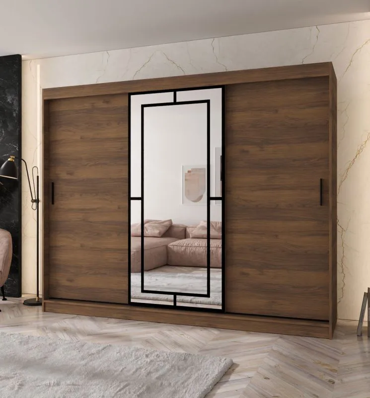 Kleiderschrank / Schiebetürenschrank | Farbe: Walnuss Warmia | 10 Fächer | 2 Kleiderstangen | hochwertig Verarbeitet | 250 x 62 x 200 cm | dekorative Spiegeltür