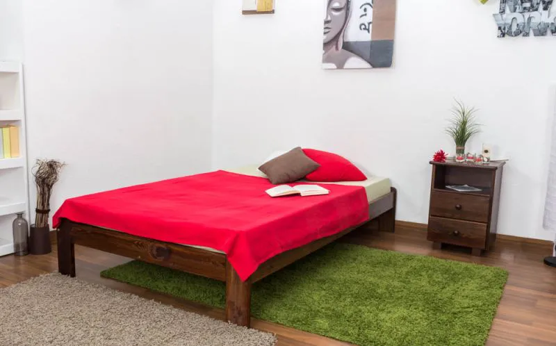 Einzelbett / Gästebett Kiefer Vollholz massiv Nussfarben A10, inkl. Lattenrost - Abmessung 120 x 200 cm