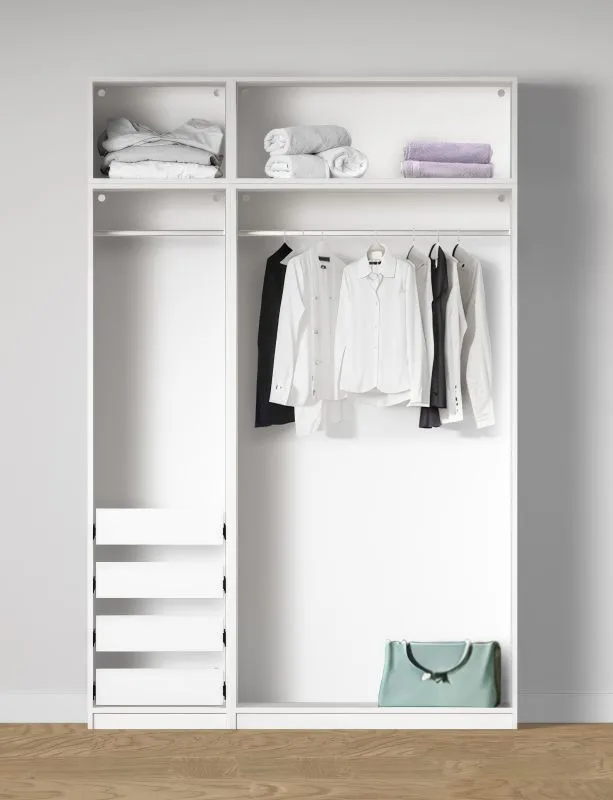 Offener Kleiderschrank | 4 Innenschubladen | Farbe: Weiß | 2 Fächer | 2 Kleiderstangen | Maße: 154 x 55 x 234 cm | Universelles Design | für Ankleidezimmer