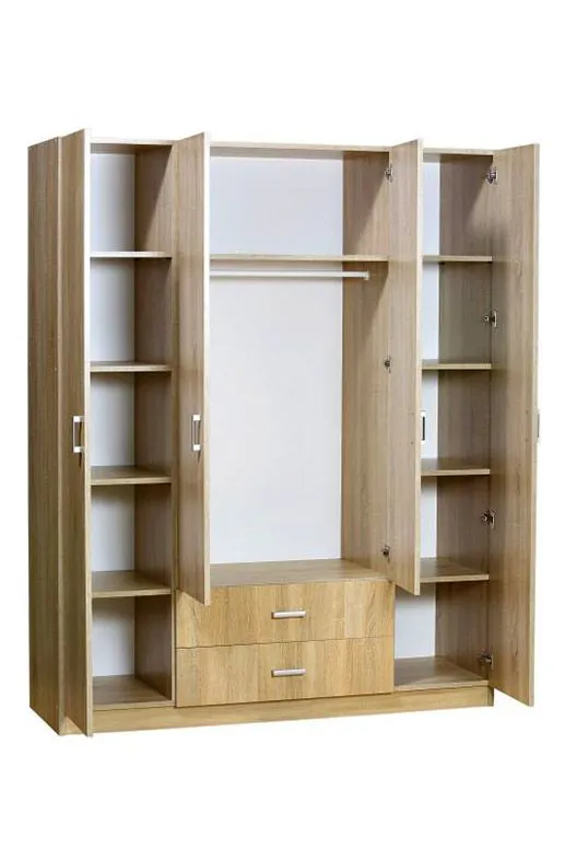 160 cm breiter Kleiderschrank mit 4 Türen, 11 Fächern und 2 Schubladen | Farbe: Sonoma Eiche | Tiefe: 53 cm Abbildung