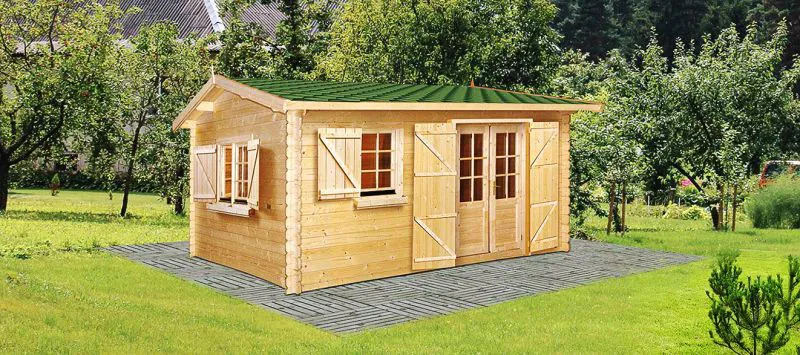 Holz-Gartenhaus 3,98 x 4,98 Meter (inkl. Dach) | Naturbelassen | Satteldach | 34 mm Blockbohlen-Haus Abbildung