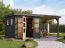 Holz Anbaudach-Gartenhaus in terragrau aus nordischer Fichte, Flachdach mit Dachplatte, großzügige Fensterflächen, Zylinderschloss, 2,38 × 2,42 m