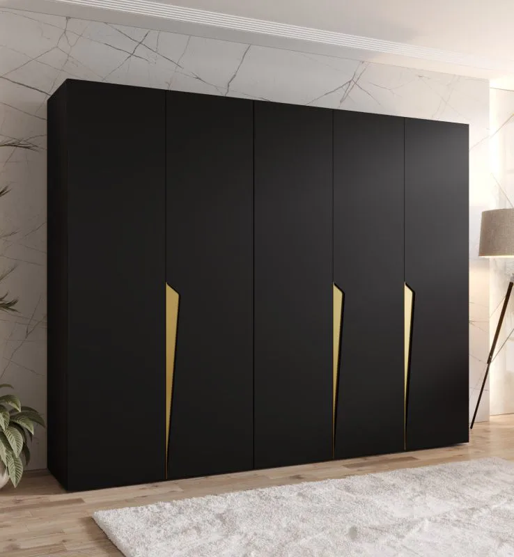 Kleiderschrank | Farbe: Schwarz | 5-Türig | 3 Fächer | Griffe: Gold | 3 Kleiderstangen| Soft-Close-Funktion | Maße: 250 x 52 x 202 cm | ABS-Kanten