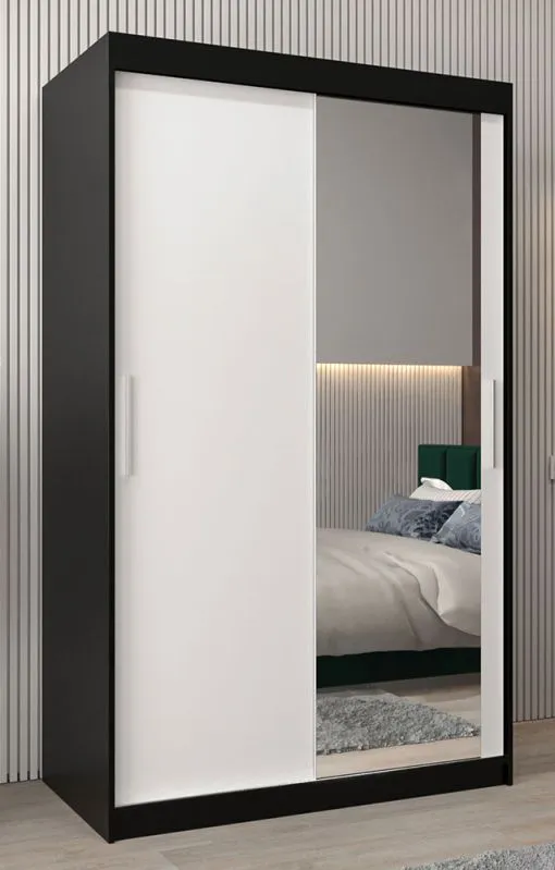 Schiebetürenschrank / Kleiderschrank Bisaurin 2C mit Spiegel, Farbe: Schwarz / Weiß matt - Abmessungen: 200 x 120 x 62 cm ( H x B x T)