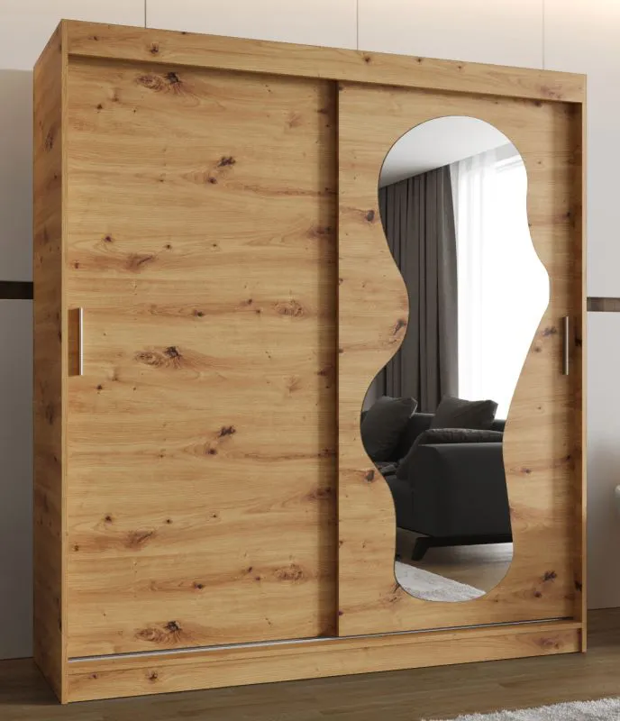 Kleiderschrank Lagginhorn 13, Farbe: Eiche Artisan, 1,8 Meter breit, ein Spiegel, 10 Fächer, Schiebetürenschrank, zwei Kleiderstangen, Aluminiumschienen