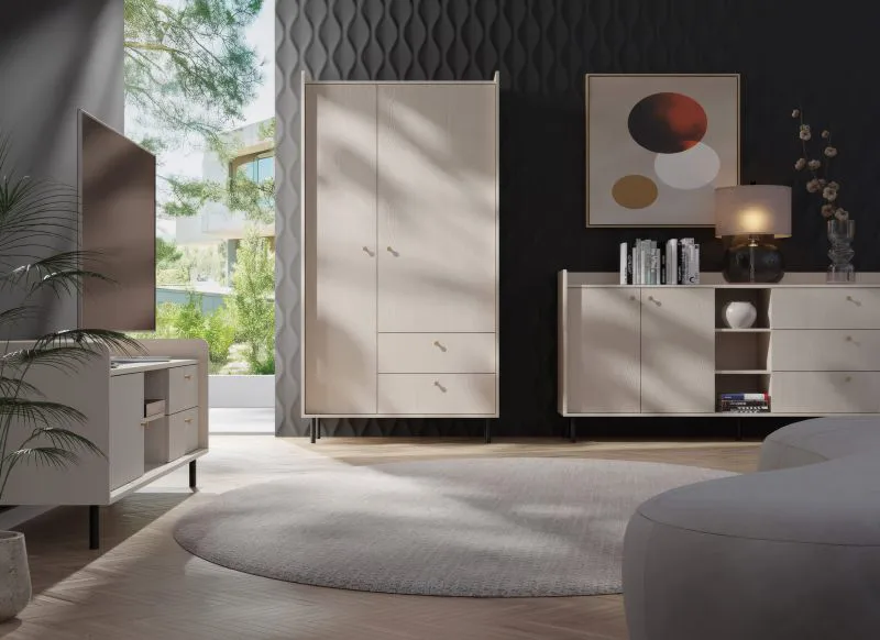 Wohnzimmer Set | 3-teilig | Farbe: Beige mit Holzstruktur | Beine und Griffe: Metall | 1 Schrank mit zwei Schubladen | 1 TV-Unterschrank | 1 lange Kommode