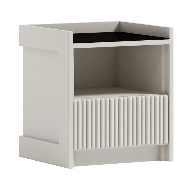 Nachtkommode mit Rillenmuster an der Front, mit 1 Schublade und 1 Fach, 51 x 45 x 40 cm, in Kaschmir, Ablagefläche aus Antisolglas, Soft Close und Push-to-open System