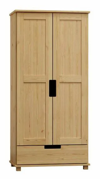 Schmaler Kleiderschrank | 2 Drehtüren | 1 Schublade | 4 Fächer | mit Kleiderstange | 80 cm breit | Massivholz | Farbe: Natur Abbildung