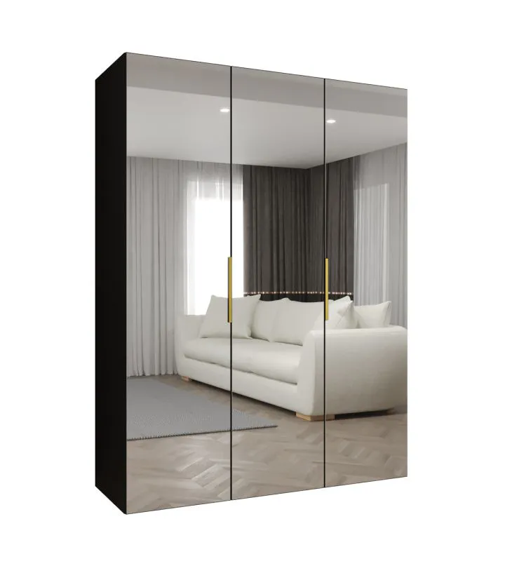 Drehtürenschrank mit zwei Kleiderstangen Korab 129, Farbe: Schwarz, Griffe: Gold, 1,5 Meter breit, Soft-Close-Funktion, zwei Fächer, drei Spiegeltüren